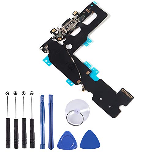 OEM USB Charging and Headphone Jack Port Dock Connector + Mic Flex Cable + Signal Antenna Replacement Compatible with iPhone 7 Plus Including 1Set Repair Tools (Black)