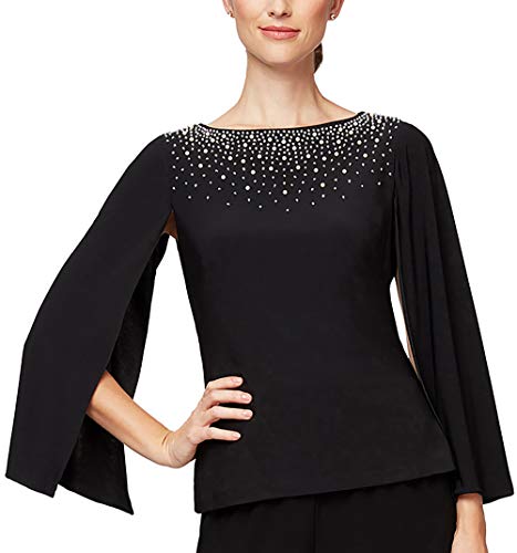 Alex Evenings Women's 3/4 Blouse with Beading Detail and Split Sleeve, Black, M
