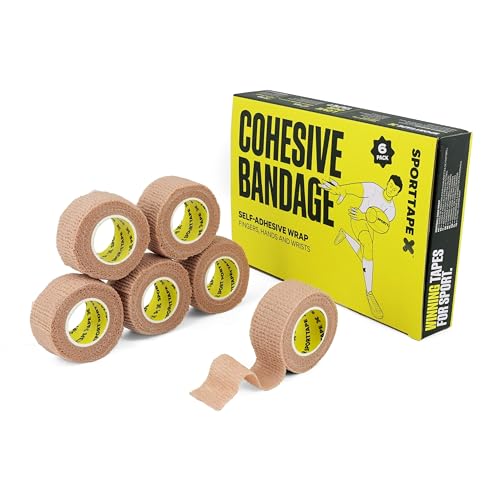 6 Rolls SPORTTAPE Cohesive Finger Tape - 2.5cm x 4.5m - Compression Bandage - Beige | Self-Adhesive Wrap - Thumb Toe Goalkeeper Finger & Wrist Tape | First Aid & Medical Physio Bandage