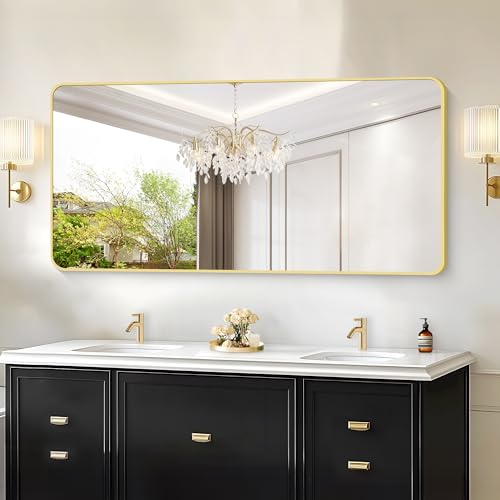 Image of 30 inchx60 inch Gold Bathroom Mirror, Large Rectangle Wall Mounted Mirror with Rounded Corner, Aluminum Metal Frame Vanity Mirror for Bathroom Bedroom Living Room