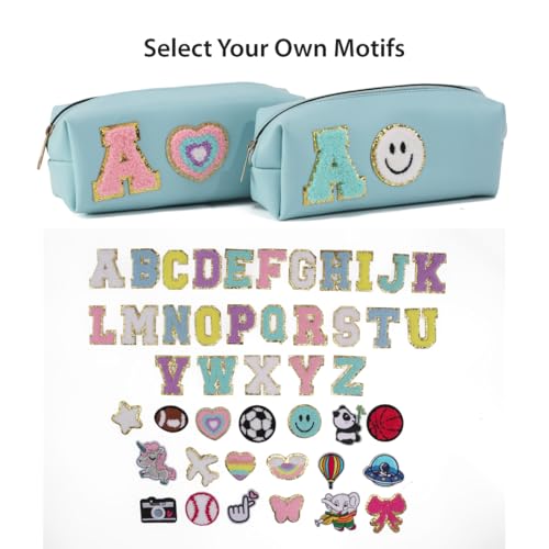 Image of AICA Gifts Personalized Leather Pencil Pouch (Blue) with Embroidered Alphabet & Patch | Pencil Pouch for Kids | Birthday Gift | Birthday Return Gift |Gift for Kids Age 6-10