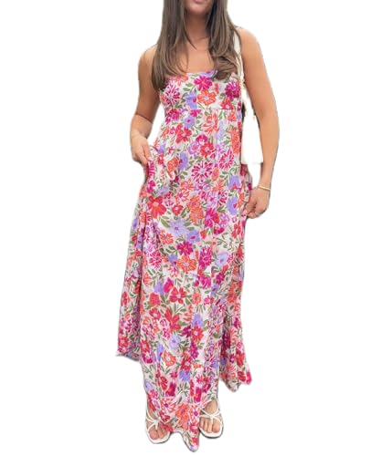 Image of Women Floral Print Maxi Tube Dress Strapless Flowy Long Bandeau Dress Y2K Open Back Sundress Summer Beachwear