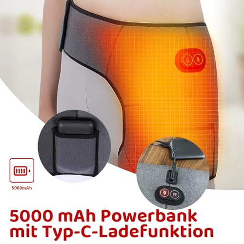 WRQIOO Kabelloses Hüfte Heizkissen, Wärmegürtel Hüfte, 3 Wärmestufen, 6 Vibrationsmodi, mit 5000 mAh Powerbank, Heiz-Hüftstütze für Frauen, Männer