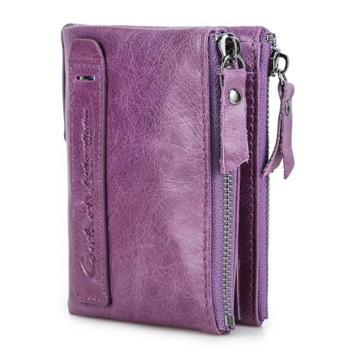 Image of CONTACTS Soft Leather Wallet for Women Small Bifold Coin Purse Double Zipper Card Holder with RFID Blocking (Purple)
