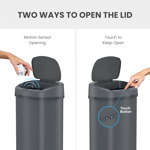 Image of SensorCan 13 Gallon Automatic Sensor Trash Can with Lid, AC Adapter Included, AbsorbX Odor Control, Gunmetal Gray Stainless Steel Kitchen Garbage Bin, Fingerprint-Proof, Hands-Free Operation, Oval