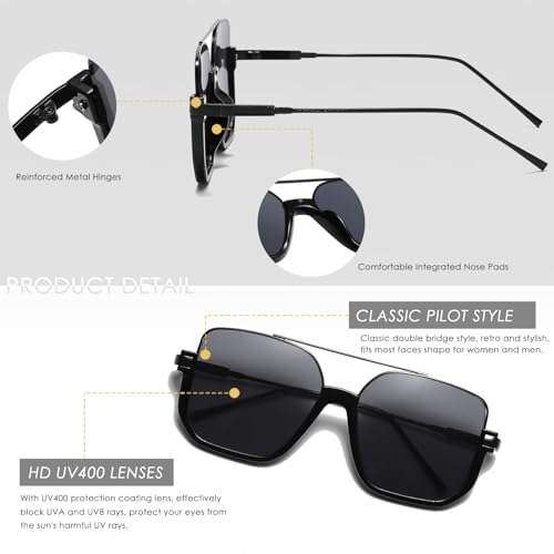 Long Keeper Retro Oversize Pilot Sunglasses for Women Men Square Aviation Sun Glasses Semi-Rimless Trendy 70s Pilot Shades4