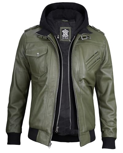 Image of Decrum Mens Leather Jacket - Detachable Hood Stylish Real Lambskin Leather Bomber Jacket Men