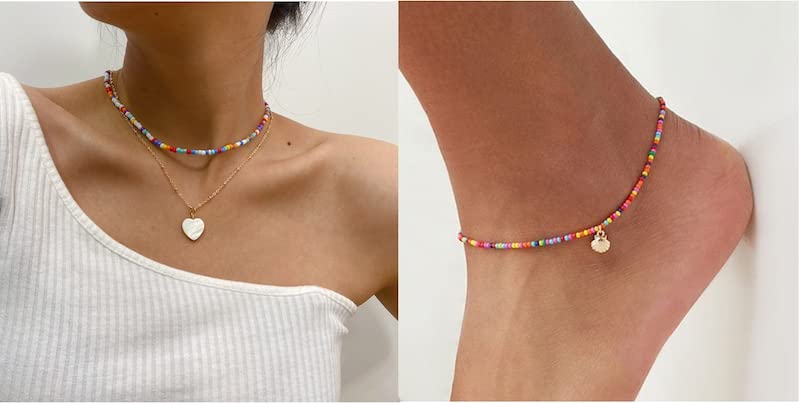 Combinato Boho hippie perline girocollo collana oro e conchiglia riso cavigliera colorata per le donne regalo per il suo regalo di Natale