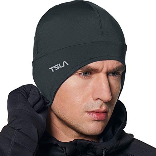 TSLA Men and Women Thermal Fleece Skull Cap, Winter Ski Cycling Under Helmet Liner, Running Beanie Hat, Skull Cap with Ear Cover Charcoal, Medium
