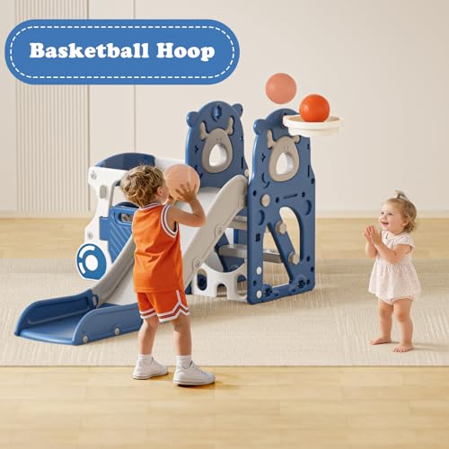 Image of XJD 5 in 1 Toddler Slide, Kids Slide for Toddlers Age 1-3, Outdoor Indoor Playset for Toddlers with Basketball Hoop and Ball (Blue gley, Slide)