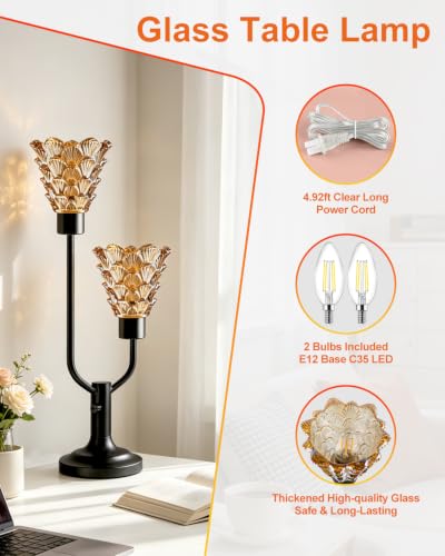 Image of Lightdot Mid Century Modern Table Lamp Dimmable Vintage Black Lamp Gift | Amber Glass Desk Lamp 2 Bulbs Included 3000K Warmwhite Ambient Nightstand Bedside Lamps for Bedroom Living Room Home Decor