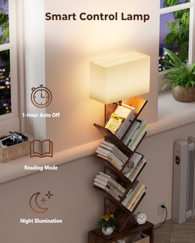 Image of Evermagin 6 Tier Tree Bookshelf with Smart Light, Small Bookcase Tower with Remote Control, Tall Floor Standing Book Organizer for Living Room, Bedroom & Home Office, Rustic Brown