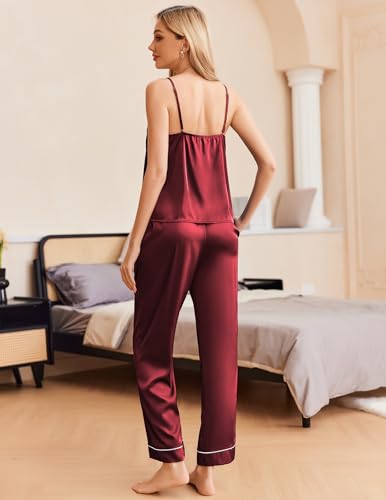 Image of Ekouaer Women Silk Satin Pajamas Sleeveless Pjs Set 2 Piece Summer Loungewear Sleepwear with Pockets S-XXL