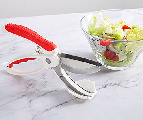 Jrdujoz 2023 New Salad Scissors for Chopped Salad, Cutter Tongs Chopper Bowl and Cutter, Lettuce Multifunction Double Blade Tool (Red)