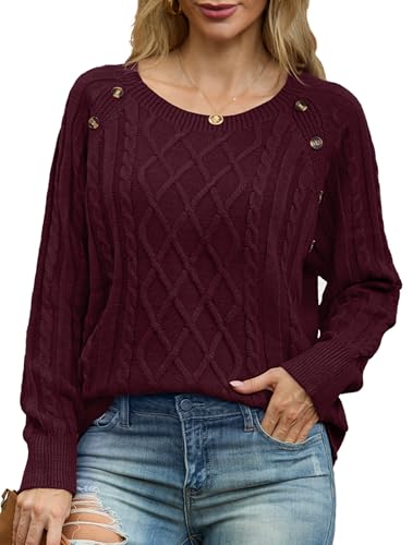 GRECERELLE Pullover Damen Elegant Strick Winter Klassische Langarm Rundhals Tops Strickpullover Damen Sweater Herbst (Weinrot, XL)