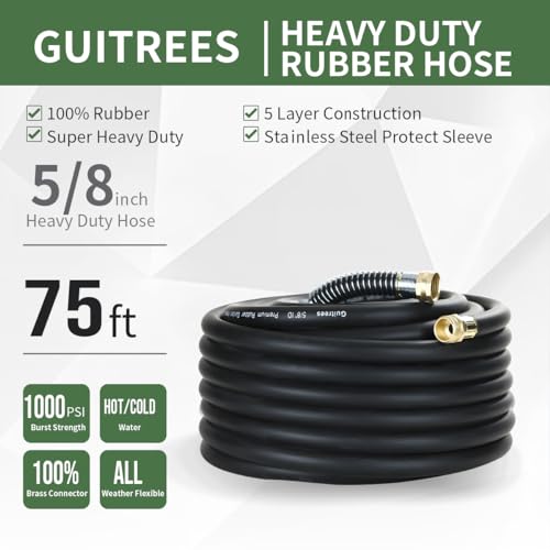 Guitrees 75Ft 5/8 Heavy-Duty Rubber Garden Hose - 200Psi Working, 1000Psi Burst - Hot/Cold Water thumb #1