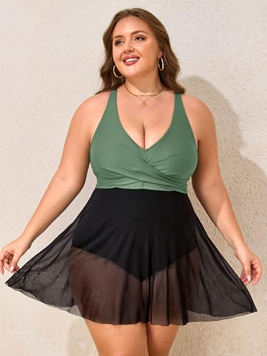 Womens Plus Size Swimsuit One Piece Bathing Suit Tummy Control Flowy Mesh Swim Dress V Neck Modest Swimwear 20254