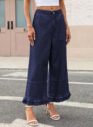 EVALESS Womens Wide Leg Jeans 2026 Trendy Mid-Rise Cropped Baggy Jeans Loose Fit Cute Ruffle Hem Trouser Denim Pants with Pockets Dirty Blue Size 4 — view 3