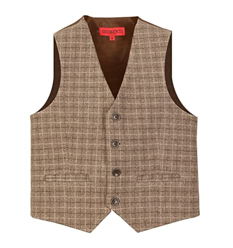 Gioberti Boy's Tweed Plaid Formal Suit Vest, Light Brown Graph, Size 7
