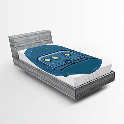 Ambesonne RV 2 Pack Fitted Sheet, Cartoon Trailer at Night Stars, Bed Cover All-Round Elastic Deep Pockets 2 Pieces, Package Contains 2 Twin Size Fitted Sheets, Dark Blue