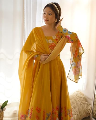 Image of KD Women's Floral Print Anarkali Kurta Set with Pant and Dupatta, Georgette, Full Sleeves, Asymmetric Hemline