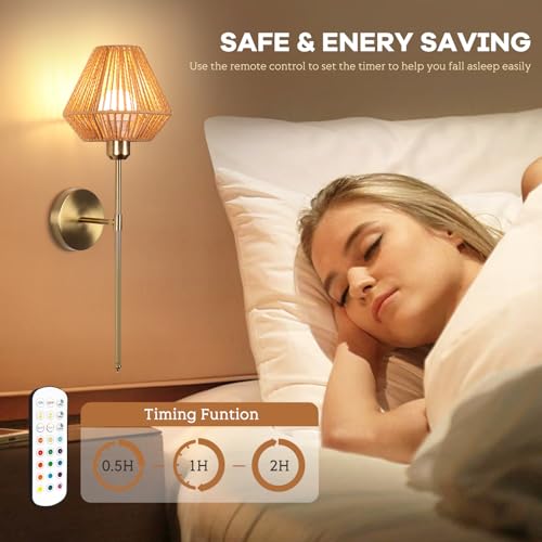 Image of Battery Operated Wall Sconce Set of 2, Rattan Rechargeable Wall Light Dimmable with Remote Control, 15 Color Changing and Timer, Boho Wireless Battery Operated Wall lamps for Bedroom, living room