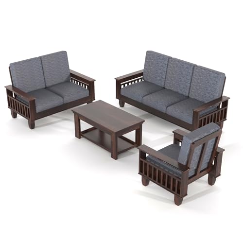 Image of Wooden Sofa Set 6 Seater Sofa for Living Room and Office | Sheesham Wood Sofa 3+2+1 Sofa Set with Cushions in (PG- Walnut Finish)
