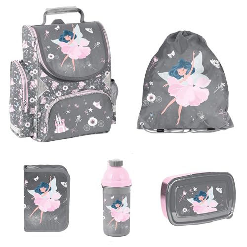 PASO 5-teiliges Schulset: Schulranzen + Turnbeutel + unbefüllte Federmappe + Trinkflasche + Brotdose - Ballerina