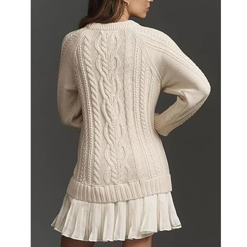 Women's Cable Knit Sweater Dress,2025 New Causal Crew Neck Long Sleeve Patchwork Pleated Knit Pullovers Mini Dresses3