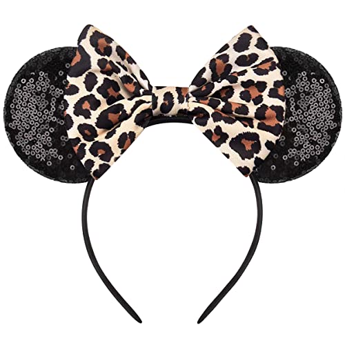 RAZKO Mouse Ears Headband, Sequin Leopard Mice Ears Hairband Animal ears Headband for Women Girls Hair Accessories (Leopard)