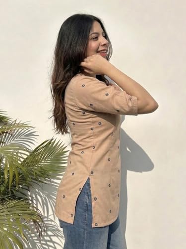 Image of ANNI Designer Women's Viscose Blend Printed Short Kurti | Straight Fit Ethnic Top with Square Neck | Bell Sleeve Indian Kurta for Office College, Party