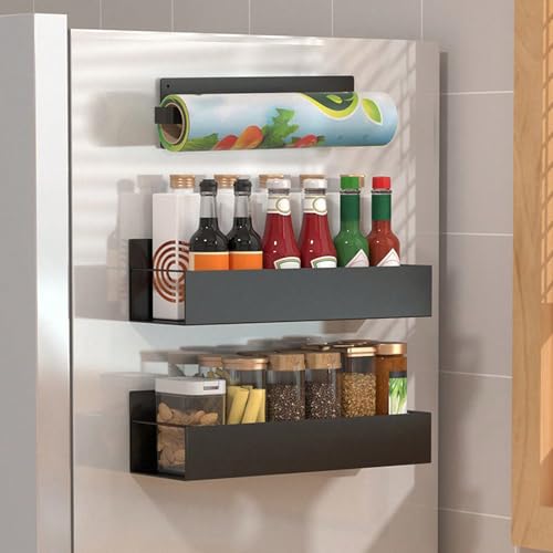 Magnetic Spice Rack for Refrigerator, Magnetic Refrigerator Organizer, 3 Pack Metal Black Magnetic Shelf with Paper Towel Holder, Rustproof Side Fridge Storage Rack for Kitchen with 4 small hooks