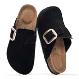 Project Cloud 100% Genuine Leather Clogs for Women Shoes - Memory Foam Insole, Non-Slip & Natural Cork Footbed Arch Support Big Buckle Womens Clogs and Mules Footwear (Manchester, BLK, 8)
