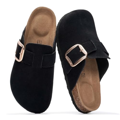 Project Cloud 100% Genuine Leather Clogs for Women Shoes - Memory Foam Insole, Non-Slip & Natural Cork Footbed Arch Support Big Buckle Womens Clogs and Mules Footwear (Manchester, BLK, 9)