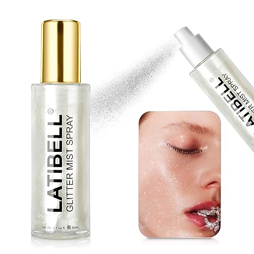 LATIBELL Glitter Spray Mist, Body Glitter Spray, Hair Glitter Spray, Glitter Spray for Hair and Body, Body Shimmer Spray, Body Glitter for Women, Cosmetic Glitter Sparkle Glitter- Silver, 2.7 fl oz