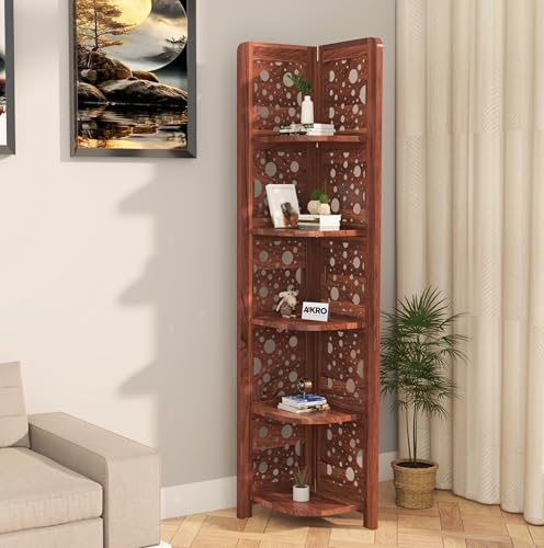 Image of Sheesham Wood Cricle Corner Shelf for Living Room Bedroom Home | CNC 5 Tier Corner Bookshelf | Wooden Ladder Bookcase Display Unit (Honey Finish)