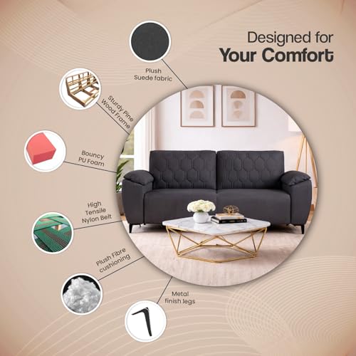 Image of Centuary Sleepables Modena Premium Sofa|Classy Quilted Suede Fabric Upholstery|Fiber-Filled Back Cushion|Wide Plush Fibrefilled Armrests|Ergonomic Lumbar Support |Charcoal Grey|3 Years Warranty