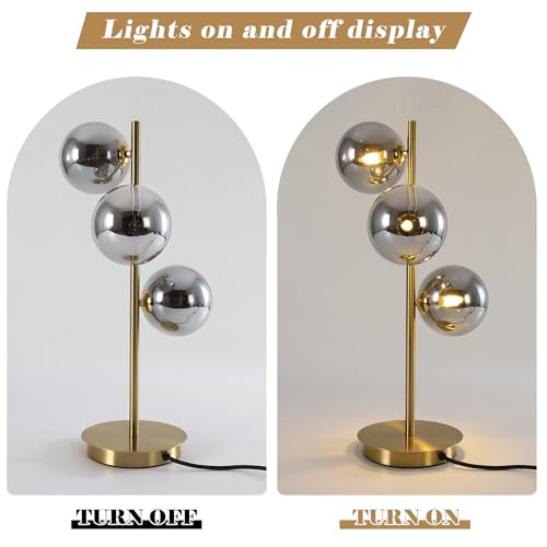 Image of Mid Century Globe Table Lamp, Modern 3 Lights Gold Brass Desk Lamp, Contemporary Smoky Grey Glass Globe Bedside Lamp for Bedroom Living Room Study Room