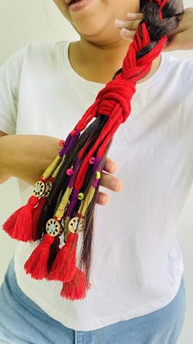Image of Zippy Flora Neelima Parandi (Red) | Traditional Boho Handmade Paranda Hair Accessory with Braid Tassels | Women's Ethnic Hair Extension for Choti, Braids & Patiala Shahi Hairstyles