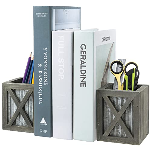 MyGift Vintage Decorative Bookends, Desktop Book Ends with Pen Holder Pencil Cup Stationery Storage Bins for Home Office, Classroom, Dorm Room, Gray Wood with Corrugated Galvanized Metal Accent