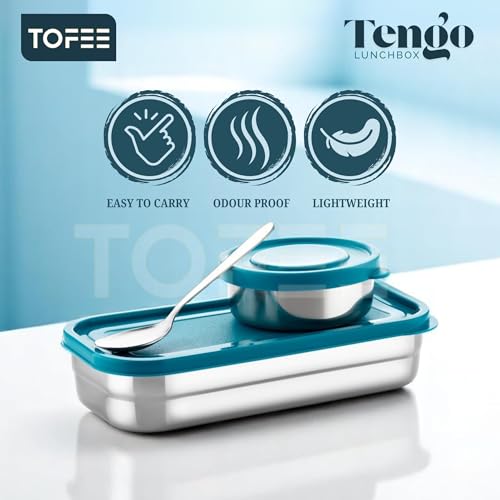 Image of TOFEE Big Stainless Steel Lunch Box for Office & School | Leak-Proof Tiffin with Small Container & Spoon | BPA-Free Airtight Lid | Compact & Durable Lunch Box for Travel (900ml) (Blue Combo)