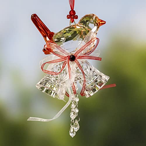 Crystal Quality Multi-Toned Acrylic Sparrows with Bells Hanging Ornament (Red)