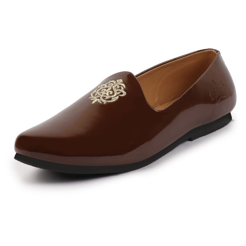 Image of FAUSTO Men's Patent Glossy Ethnic Embroidered Design Slip On Shiny Juttis & Mojaris for Party|Wedding|Festival