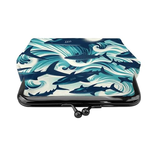 Pu Leather Buckle Coin Purse Sharks-Swim-Ocean-Waves Girls Kiss-Lock Change Purse Wallets2