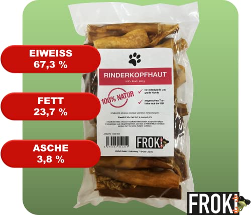 FROKI Premium Rinderkopfhaut für große & kleine Hunde 500g| 100% Rind | 100% Natürlich | Futter-Snack | Hunde-Leckerlis | Kausnack | Zahnpflege | ohne Zusatzstoffe