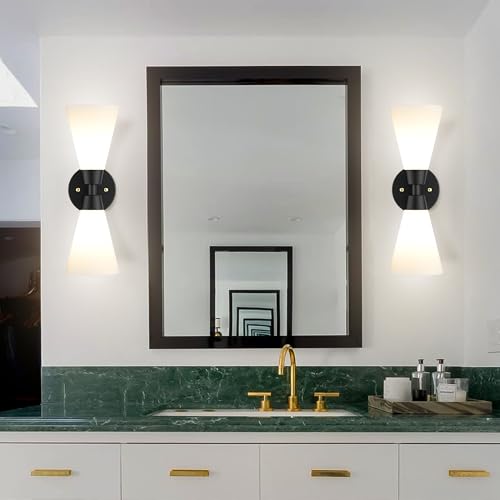 Image of Bathroom Sconces Set of 2, Matte Black Wall Sconces Set of Two, Bathroom Vanity Light with Milk Glass Shade, Modern Wall Light Fixtures for Bath Mirror Hallway Bedroom Living Room Kitchen, Hardwired