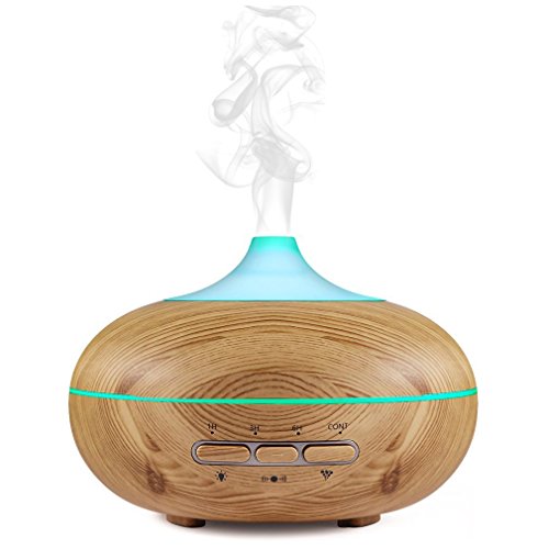 JULYFOX Essential Oil Diffuser Auto on and Shut Off Ultrasonic Aromatherapy Diffusers Humidifier Quiet Mist with Timer 7 LED Colorful Lights 300ml Light Wood Gain