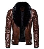 chouyatou Men's Removable Fur Collar Sherpa Lined Steampunk Faux Leather Jacket (Medium, Brown)