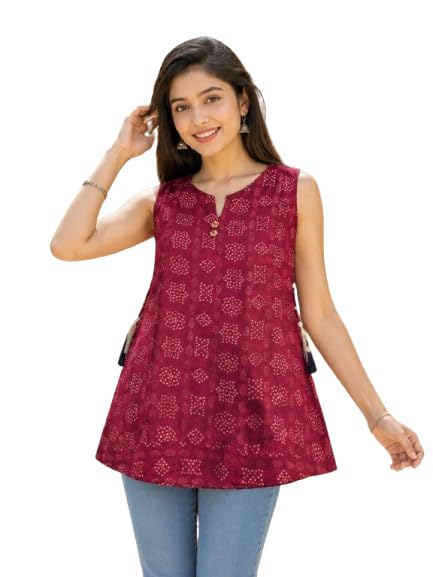 Women's Cotton Bandhani Print Short Kurti | Sleeveless A-Line Ethnic Tunic Top for Jeans | Maroon Printed Summer Kurta with Side Tassels-picture-23