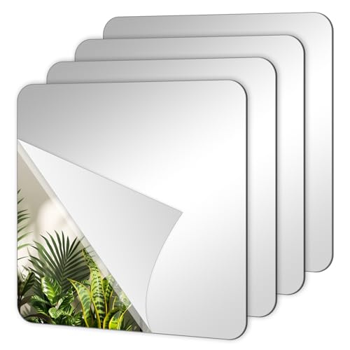 Jeffdad 4 espejos adhesivos autoadhesivos, espejo acrílico para pegar, 15 x 15 cm, pegatinas de pared, espejo acrílico, espejo de pared, azulejos flexibles para baño, salón, dormitorio